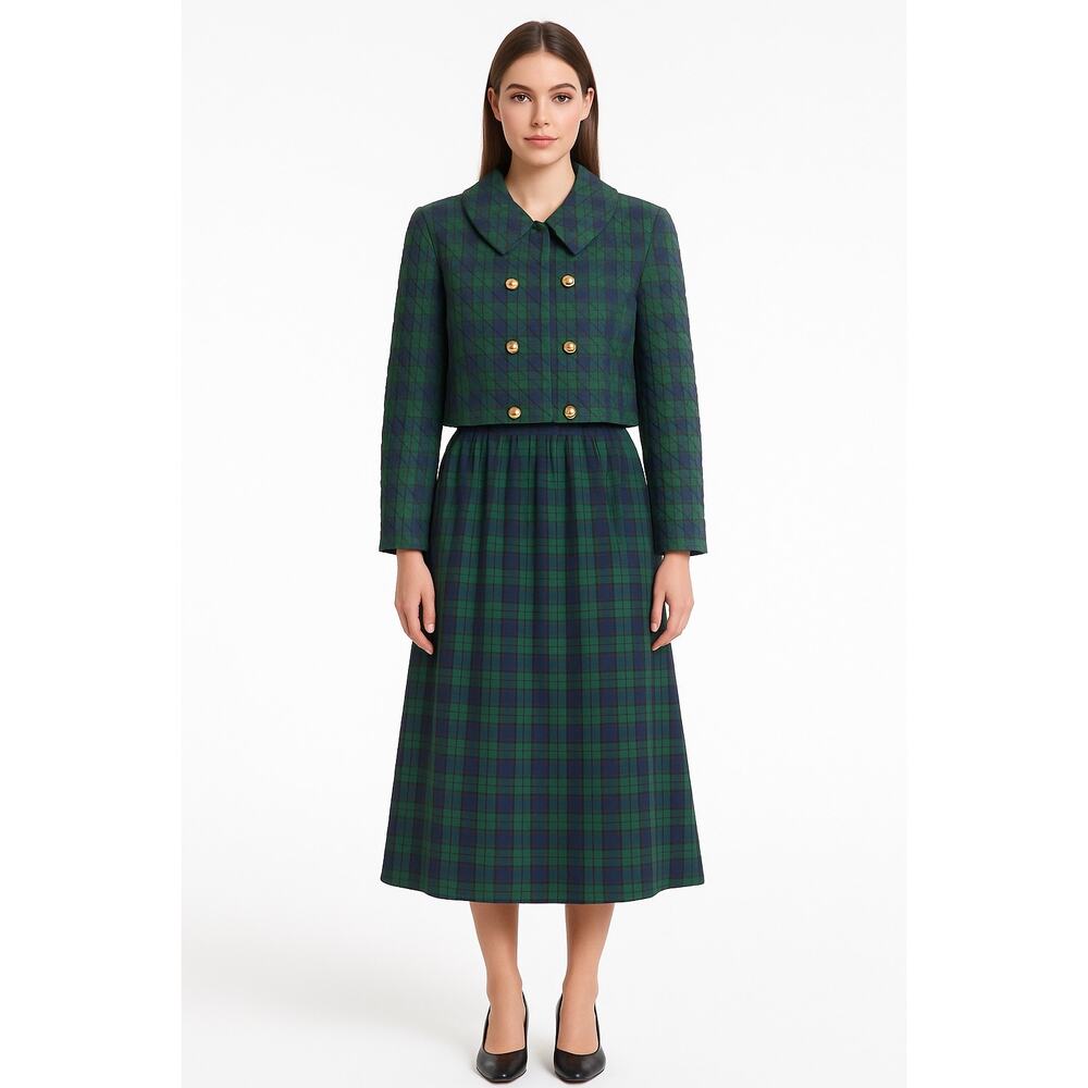 Vintage Cullinane Quilted Plaid Jacket & Skirt Set preppy Made in USA medium